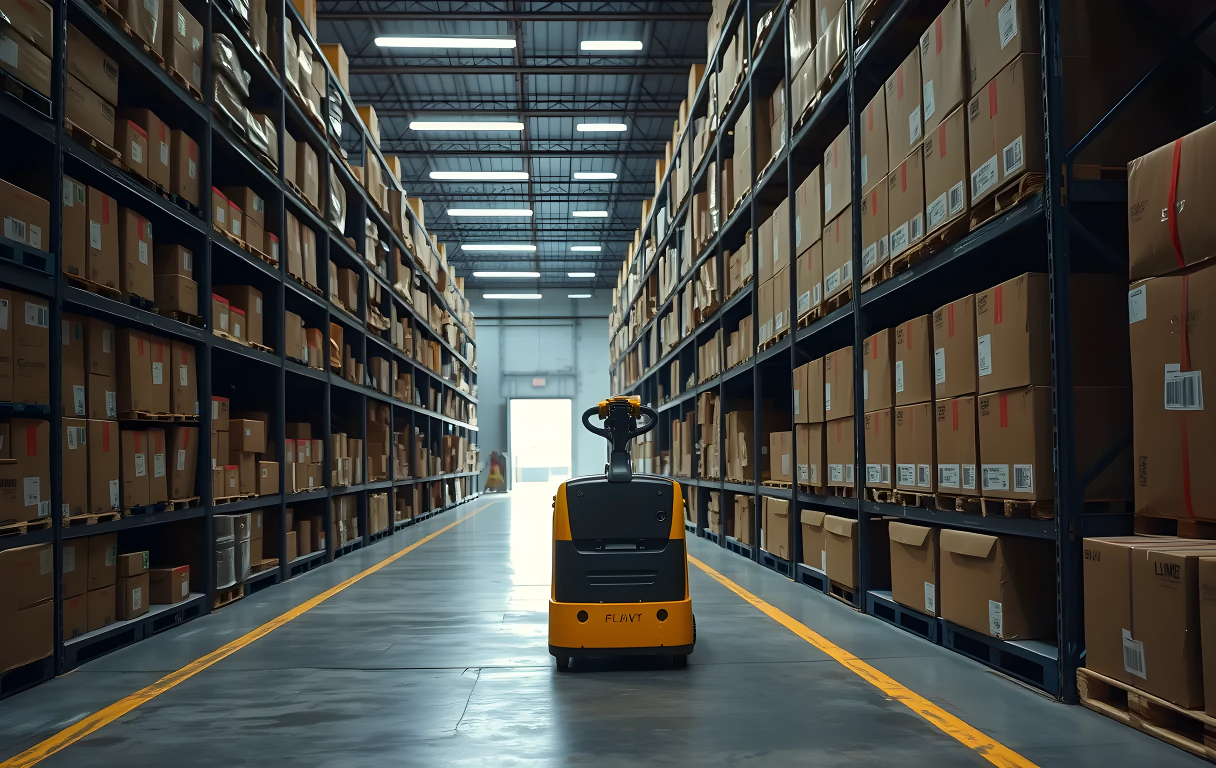 A wide-angle view down a long warehouse aisle lined with tall industrial steel shelving units, each shelf densely packed with uniform cardboard shipping boxes in varying sizes sealed with strips of amber and red tape. A yellow electric pallet jack sits idle mid-aisle. Overhead fluorescent tube lights cast a cool white glow on the polished concrete floor marked with faded painted safety lines. The perspective draws the eye toward a distant open doorway where daylight spills in. No people visible