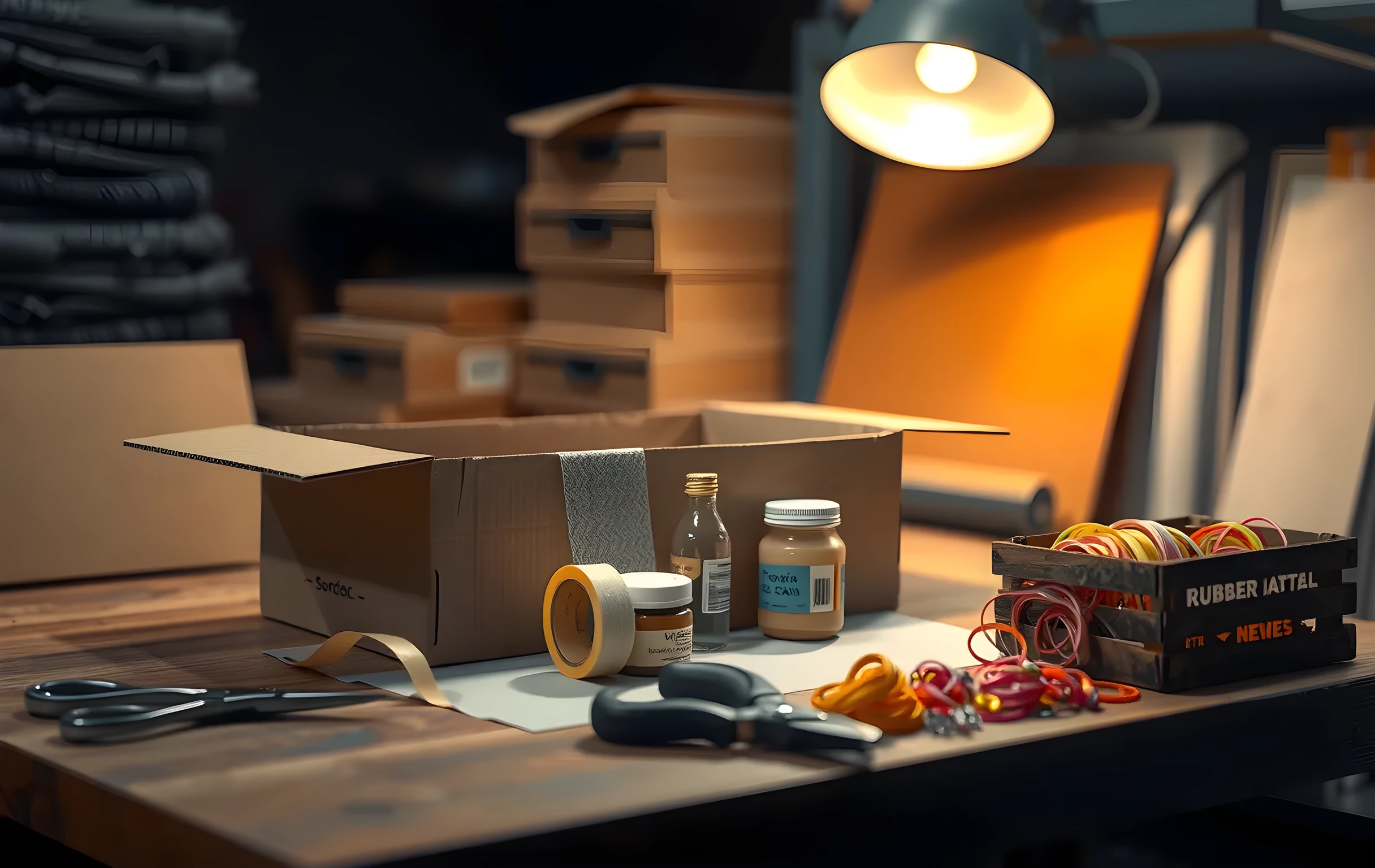 A close, slightly elevated angle on a wooden packing station workbench showing a half-assembled corrugated box with its flaps folded inward, a roll of wide kraft paper tape unspooled across the surface, three small glass product bottles and two ceramic jars arranged in a neat row, a coil of bubble wrap, a pair of steel snips, and a small wooden crate of colored rubber bands. The scene is lit by a single warm task lamp from above, casting soft shadows. No text, no screens, no faces