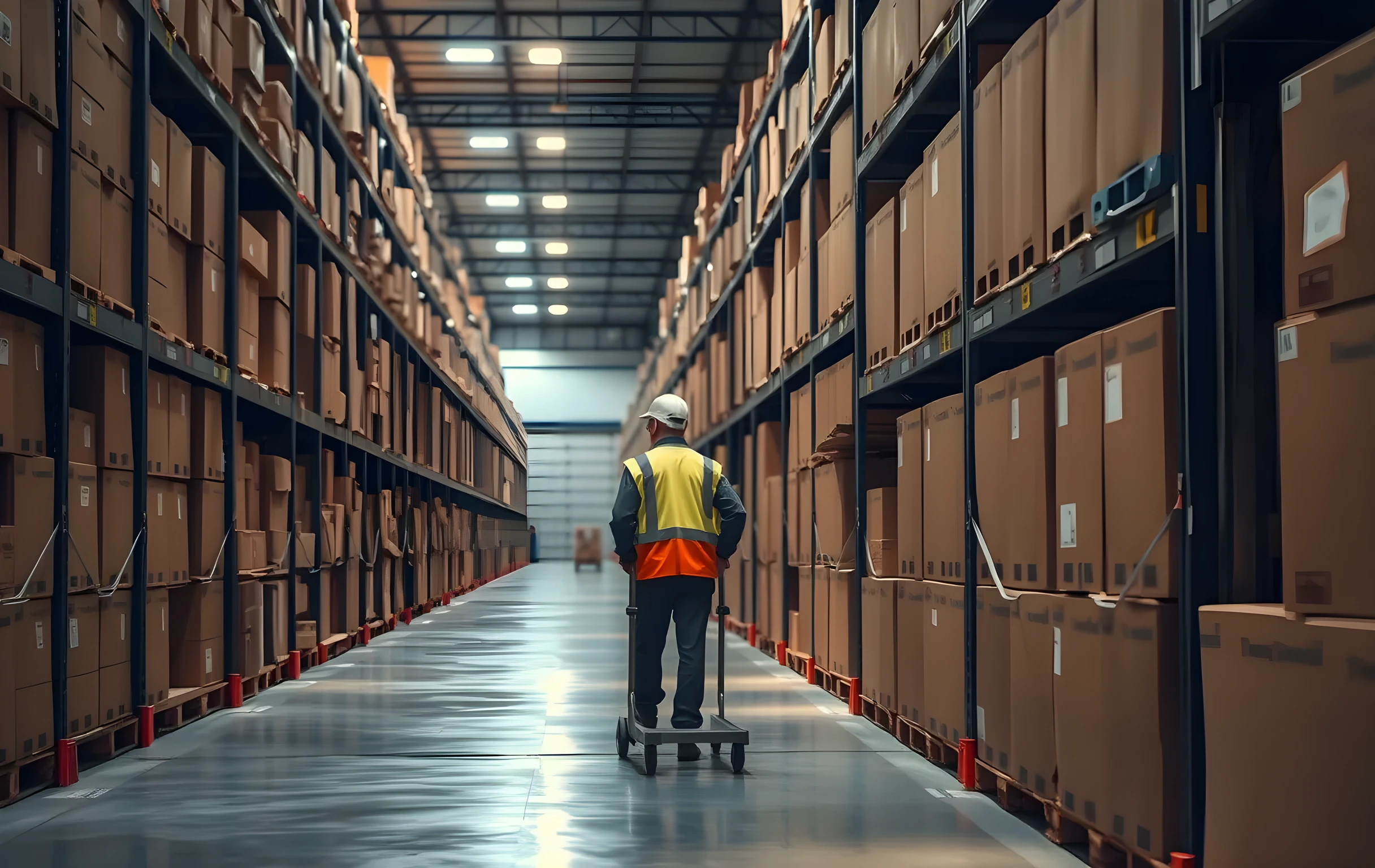 A long warehouse corridor lined with tall metal shelving units stacked high with uniform brown cardboard shipping boxes, a single worker in a hi-vis safety vest visible at medium distance pushing a low rolling cart between two rows of racks, warm overhead fluorescent lighting casting soft rectangular pools of light along the polished concrete floor, perspective looking straight down the aisle toward a distant loading dock door