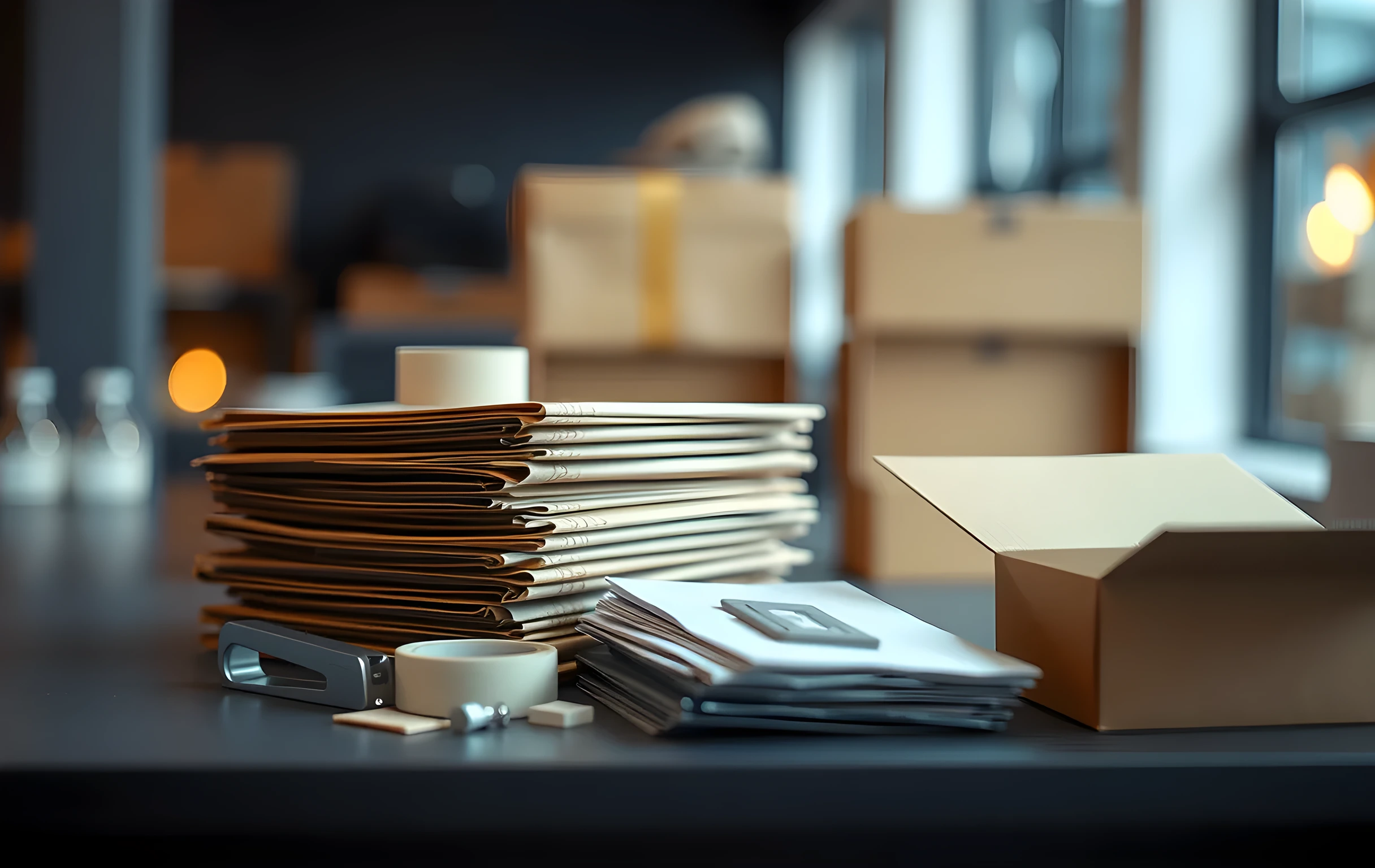 A packing station work surface viewed from above at a slight angle showing a neat stack of folded kraft-paper mailers, a roll of clear adhesive tape, a small cluster of product samples including folded fabric swatches in muted tones and a few small plastic components, a metal stapler, and a cardboard shipping box with its flaps open, shallow depth of field blurring the background into warm amber bokeh