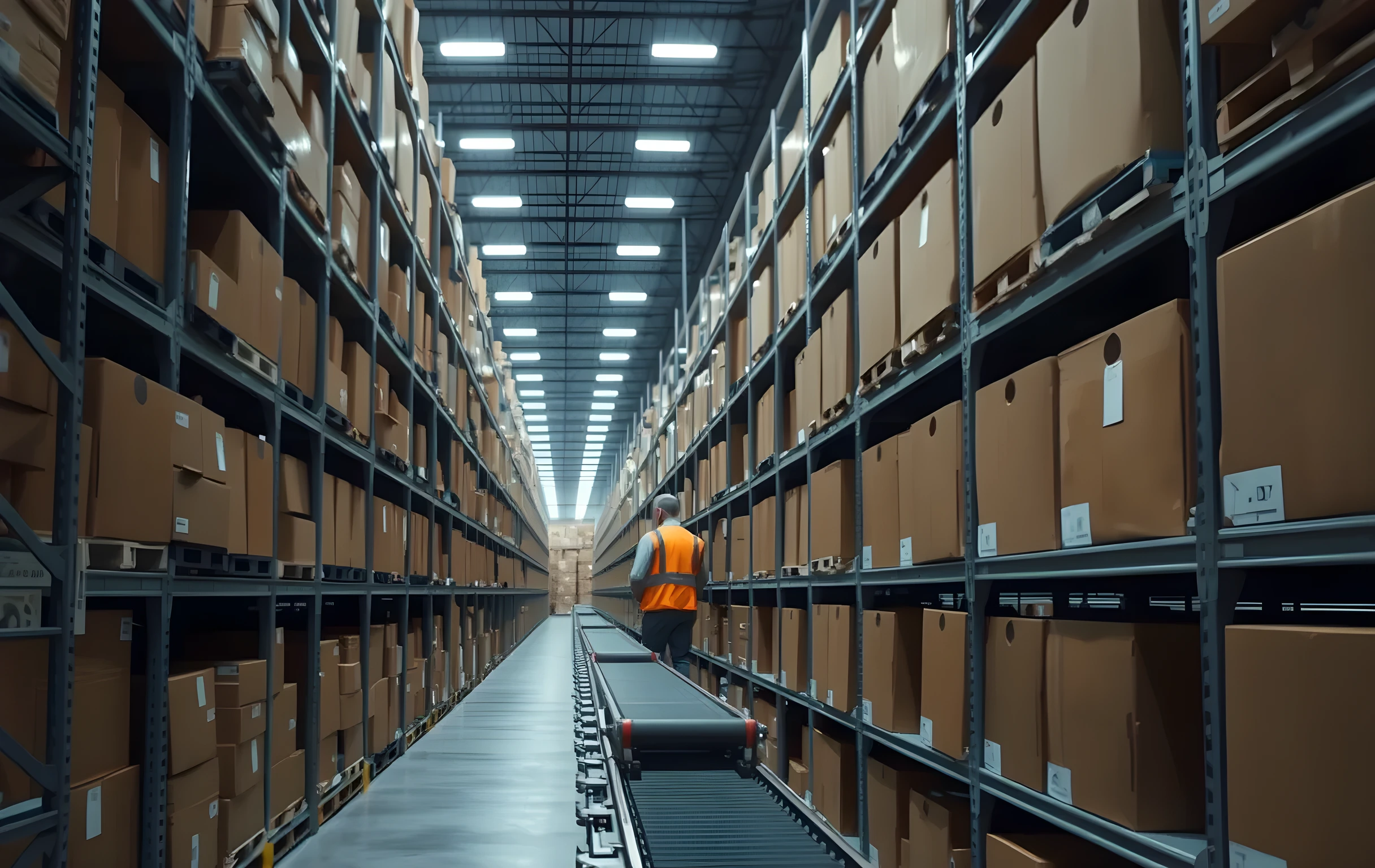 A long warehouse corridor with floor-to-ceiling galvanized steel shelving on both sides, every shelf loaded with uniform brown corrugated shipping boxes in three or four size tiers, overhead LED strip fixtures casting even cool-white illumination down the aisle, a single worker in an orange high-visibility vest visible at medium distance near the far end beside a low conveyor belt, perspective lines converging toward that distant figure, no text or signage visible anywhere