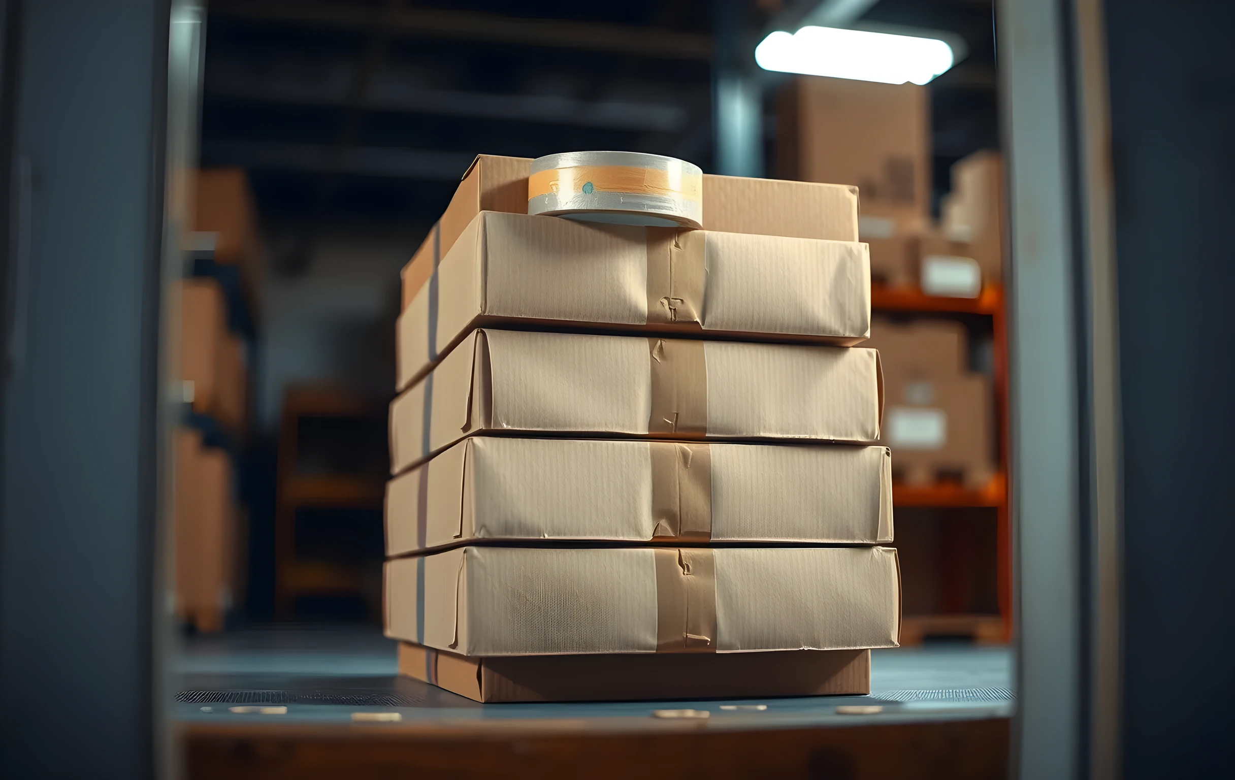 A tight composition of a packing station work surface showing a neat stack of five unopened kraft-paper boxes with crisp creased edges and clean tape seals, a roll of clear packing tape resting against the top box, the corrugated cardboard texture catching raking side-light from a single overhead fixture, background softly blurred into warm amber and muted grey warehouse tones, no hands, no faces, no printed text or labels in frame