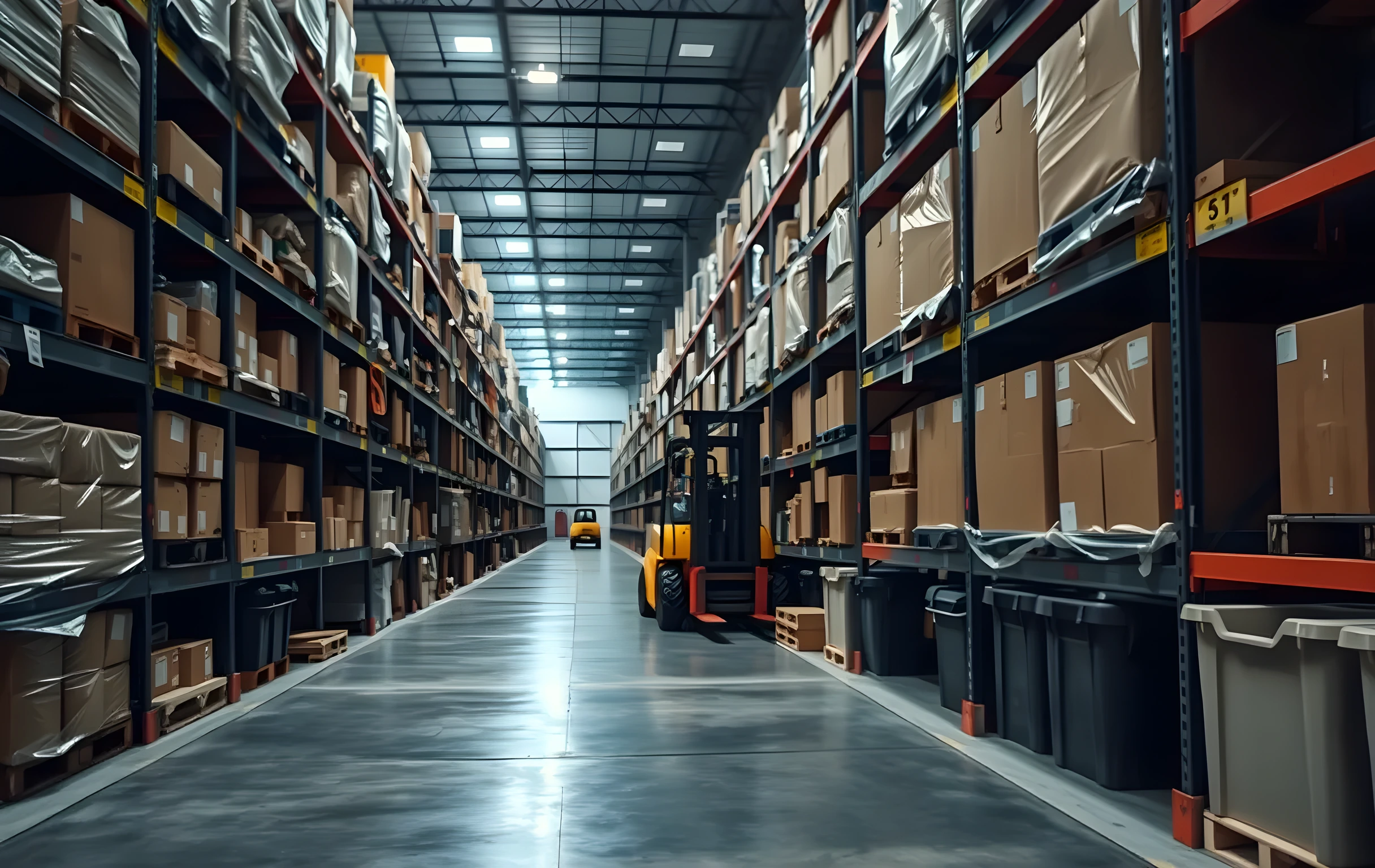 A long warehouse aisle with towering metal racking on both sides loaded with shrink-wrapped boxes, cardboard totes, and plastic bins in neat rows, cool fluorescent light reflecting off the polished concrete floor, a yellow forklift parked at the far end of the corridor, no people visible, deep perspective drawing the eye down the length of the aisle