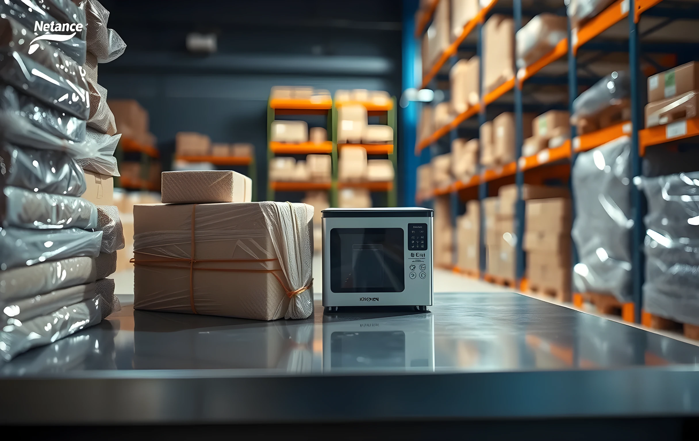 A stainless steel packing table seen from about three feet away, covered with layers of bubble wrap, small sealed product boxes stacked in neat columns, a roll of strapping tape standing upright, and one open shipping carton revealing a vacuum-sealed kitchen appliance inside, the background showing softly blurred warehouse shelving in warm amber light, no faces or hands in frame