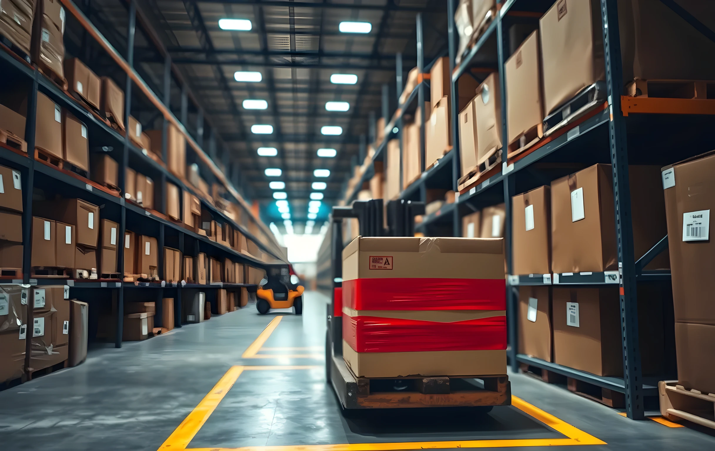 A long warehouse aisle under cool fluorescent lighting, rows of sealed brown cardboard boxes stacked neatly on industrial steel shelving units receding into soft focus, a few boxes near the foreground wrapped in bright red strapping tape to mark them as quarantined stock, a forklift parked idle at the far end of the aisle, polished concrete floor with faded yellow lane-paint lines, no people visible, wide-angle perspective emphasizing depth and scale