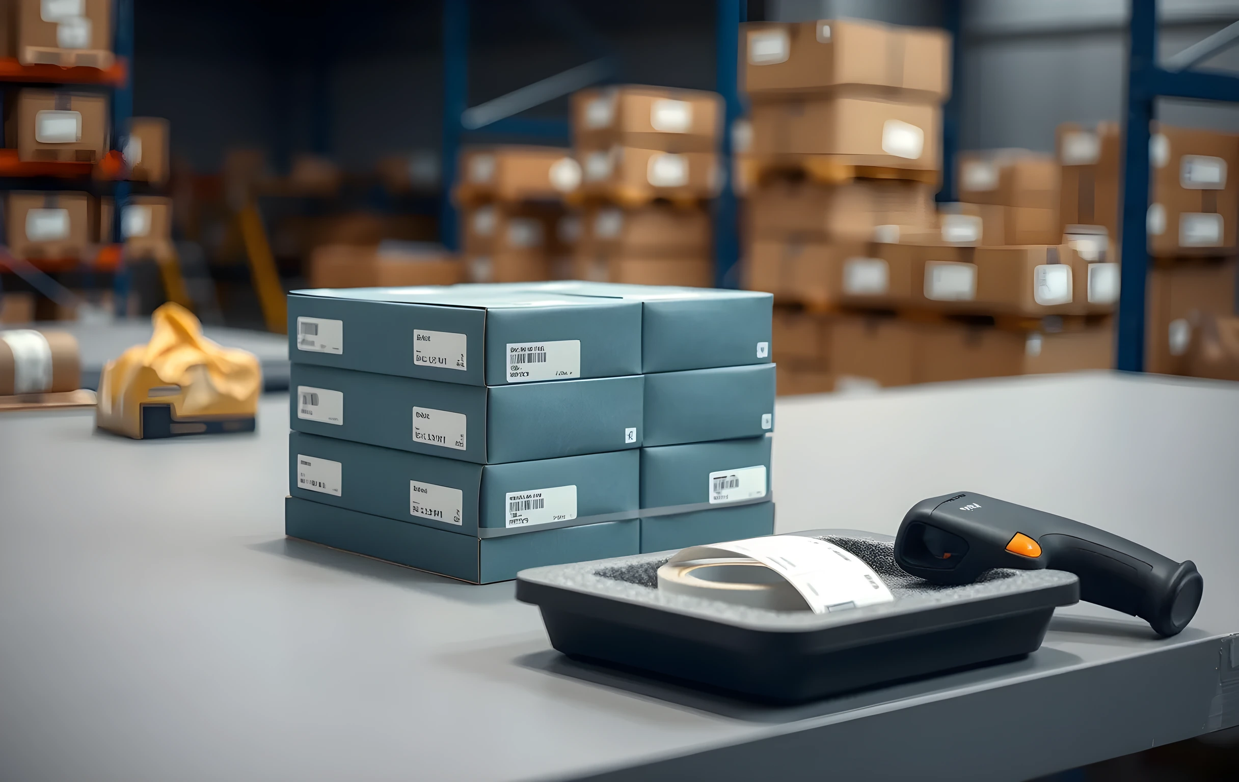 A close view of a packing station workbench made of worn grey laminate, a neat stack of eight small retail product boxes in muted blue and white packaging resting on the surface, a partially unspooled roll of plain shipping labels beside them, a handheld barcode scanner set down in a foam-lined tray, light tape residue and minor scuff marks on the bench showing daily use, shallow depth of field with the background softly blurred into neutral warehouse tones, no text visible on any object