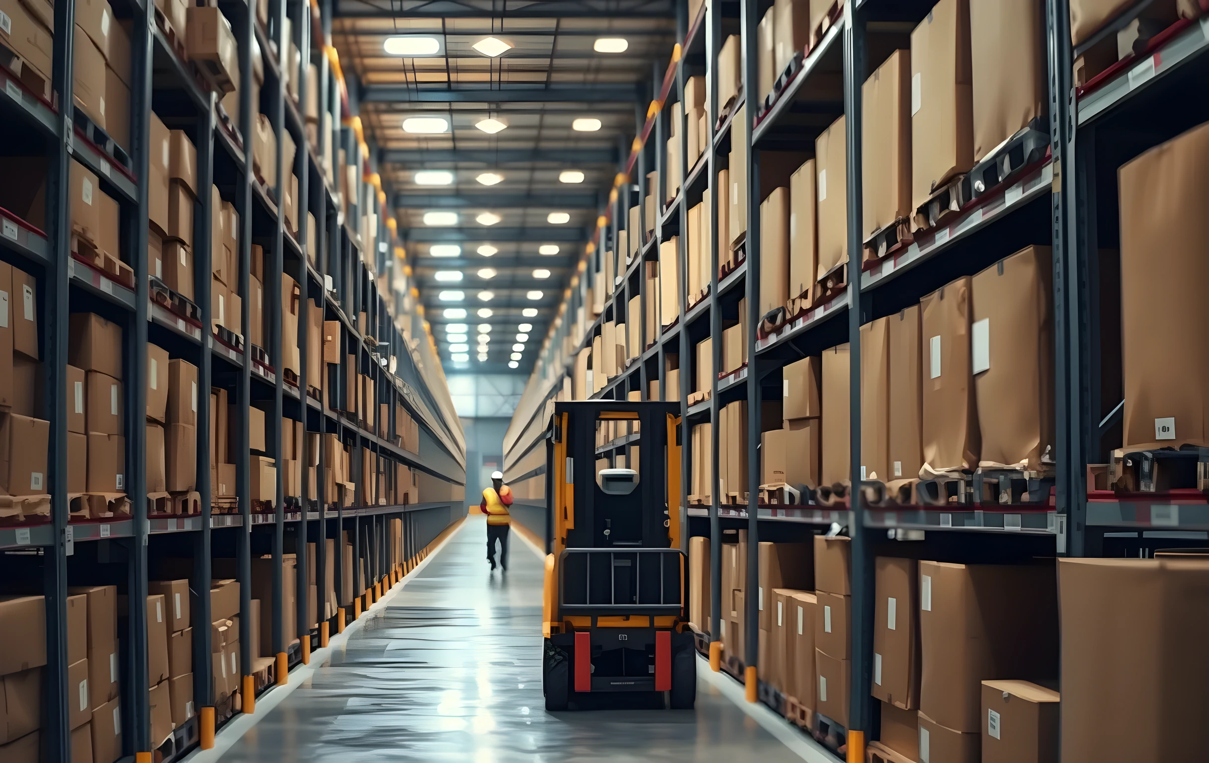 A long warehouse aisle with tall gray metal shelving units packed end to end with uniform cardboard product boxes in muted browns and off-whites, a yellow forklift parked at the midpoint of the aisle, warm overhead fluorescent lighting casting soft shadows down the corridor, one worker visible far at the vanishing point pushing a loaded pallet jack, wide-angle perspective emphasizing depth and industrial scale