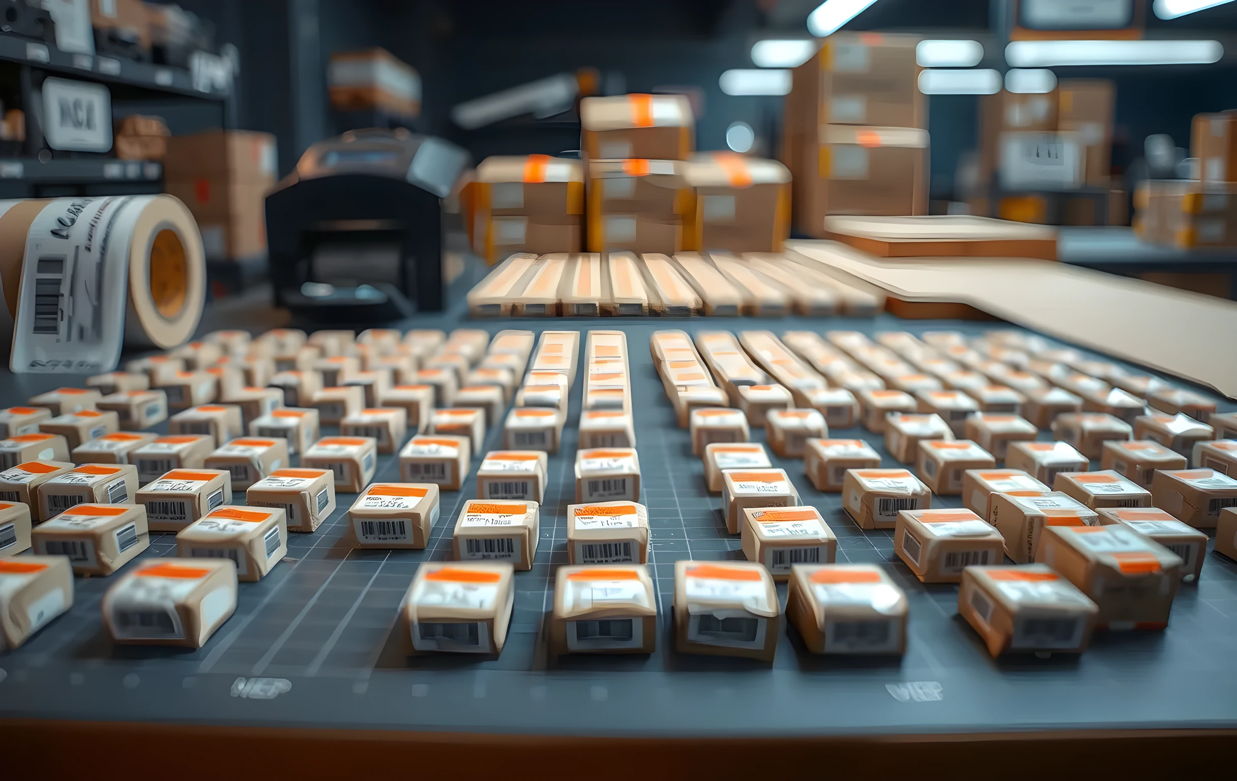 A close-up view of a packing station work surface where dozens of small identical product units with printed barcode stickers are arranged in neat parallel rows on a gray self-healing cutting mat, a roll of kraft paper tape and a thermal label printer sit at the edge of the frame, shallow depth of field rendering the background into a warm amber bokeh, no people visible